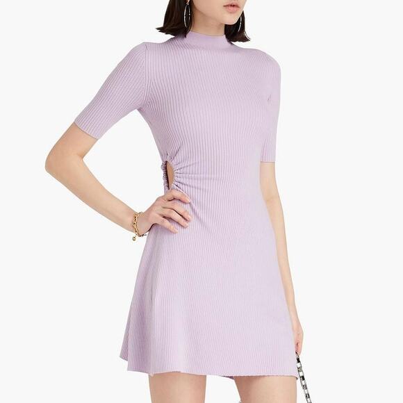 Maje Reine Dress Rib Knit Short Sleeve Mock Neck Fit and Flare Mini Light Purple - Picture 2 of 14